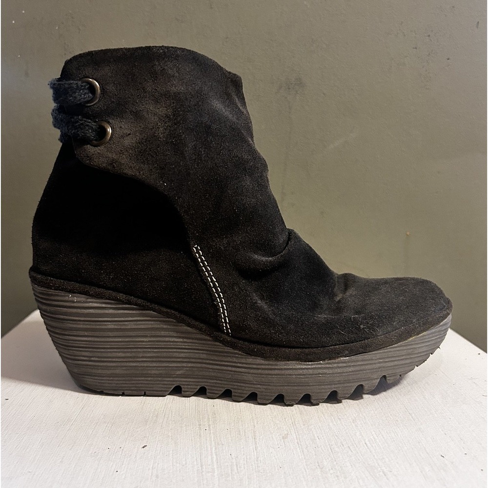 Fly London Black Suede Wedge Ankle Bootie